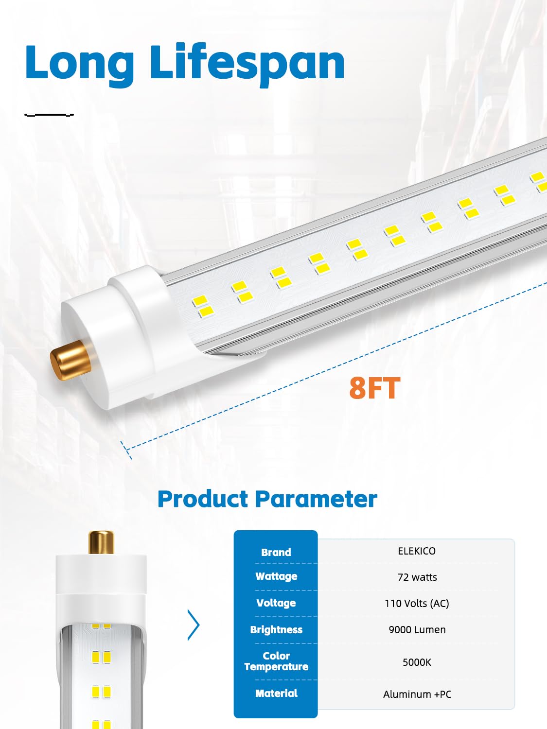 ELEKICO 8FT LED Bulbs, Super Bright 72W 9000lm 5000K, T8 T10 T12