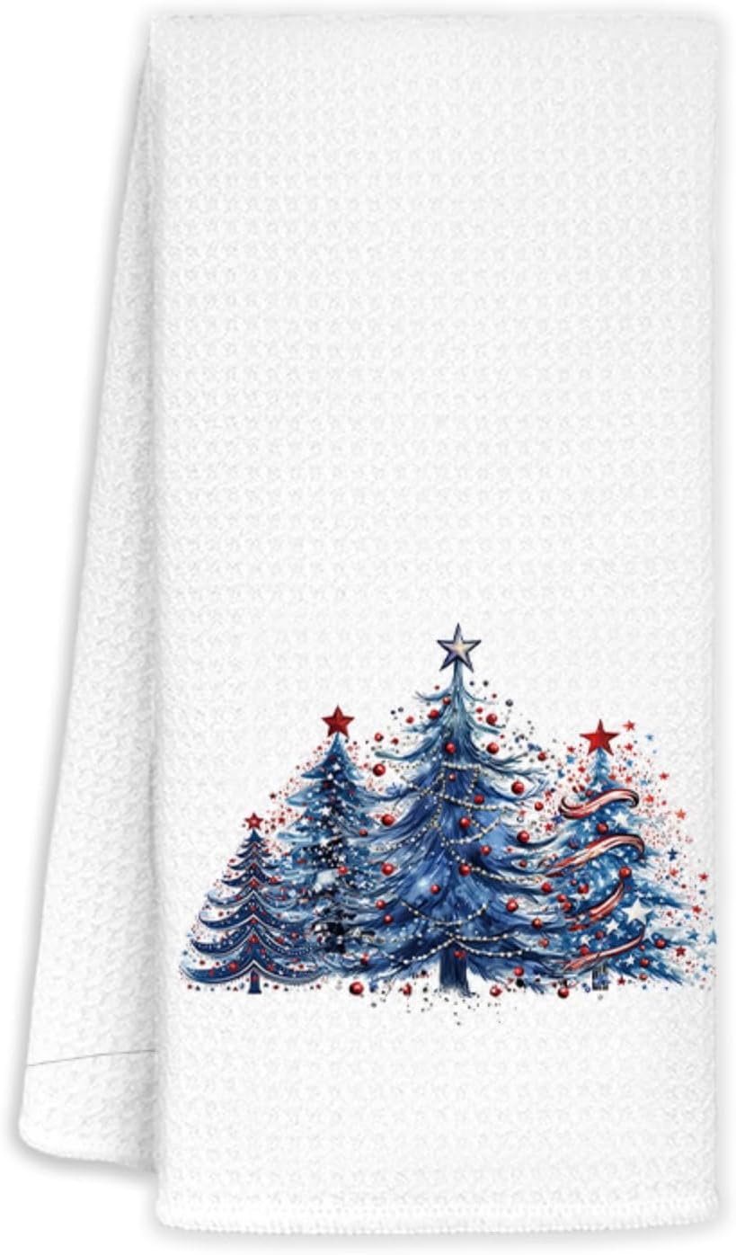 Christmas Tree Kitchen Towels, Navy Blue Christmas Trees Decorative Hand Towels for Bathroom, Christmas Dish Towels for Kitchen, Navy Blue Christmas Decor for Kitchen Bathroom, 16x24 Inch