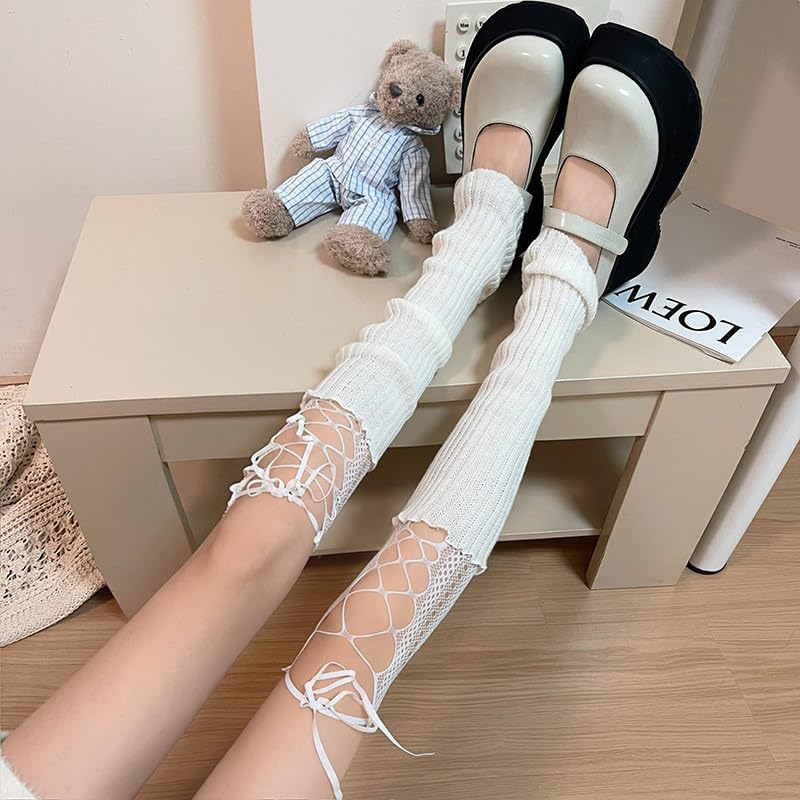 Image of Violet Mist Leg Warmers for Women Long Cotton Ribbed Knit Socks Knee High | Cute Funny Lace Fishnet Patchwork, 80s Retro Style, Kawaii Japanese Lolita Party