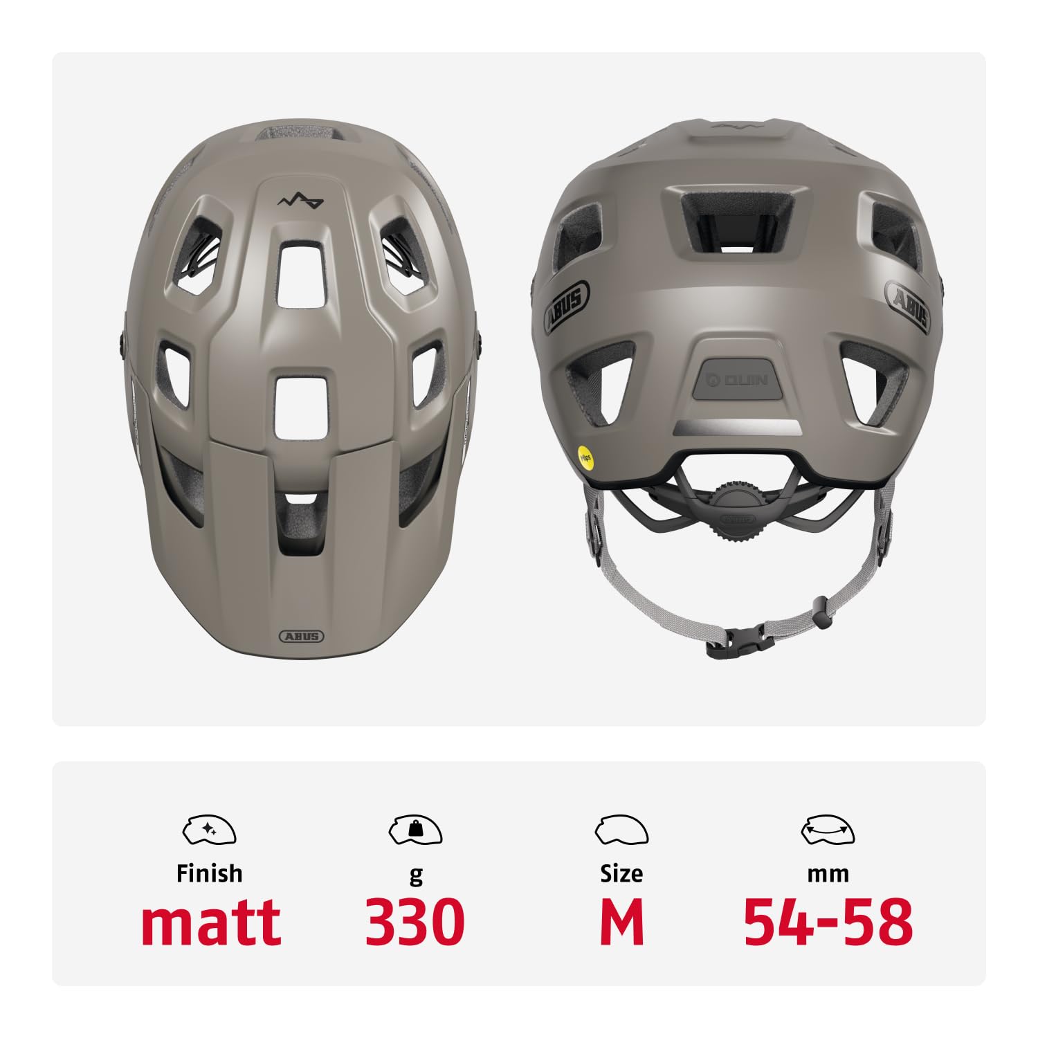 ABUS Casco MTB MoDrop MIPS, Grigio, M per Adulti e Ragazzi | Casco bici con protezione MIPS, sistema Zoom Spin, compatibile con coda di cavallo