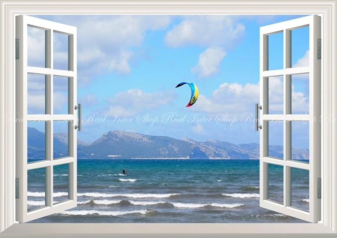 Amazon Co Jp 絵画風 壁紙ポスター はがせるシール式 窓の景色 カイトサーフィン ポリェンサの湾 マヨルカ島 スペイン 海 窓仕様 トリックアート キャラクロ Sfn 0ma2 版 594mm 4mm 建築用壁紙 耐候性塗料 ホーム キッチン