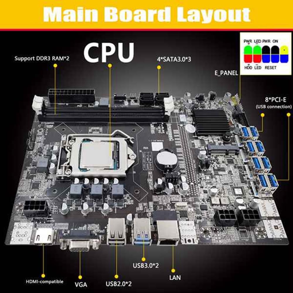 Scheda madre B75 BTC Mining + SATA + CPU G530 + 6 pin a doppio 8 pin+ventola di raffreddamento RGB LGA1155 8XPCIE USB DDR3