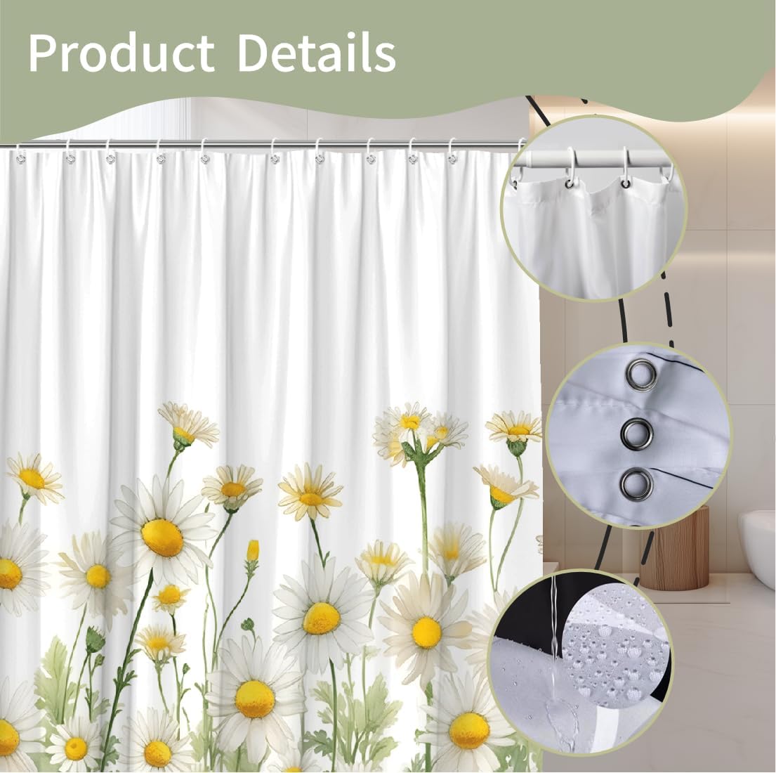 White Daisy Floral Shower Curtain Farmhouse Flower Spring Rustic Blossom Fabric Bathroom Decor Set with Hooks（70" Wx70 H）