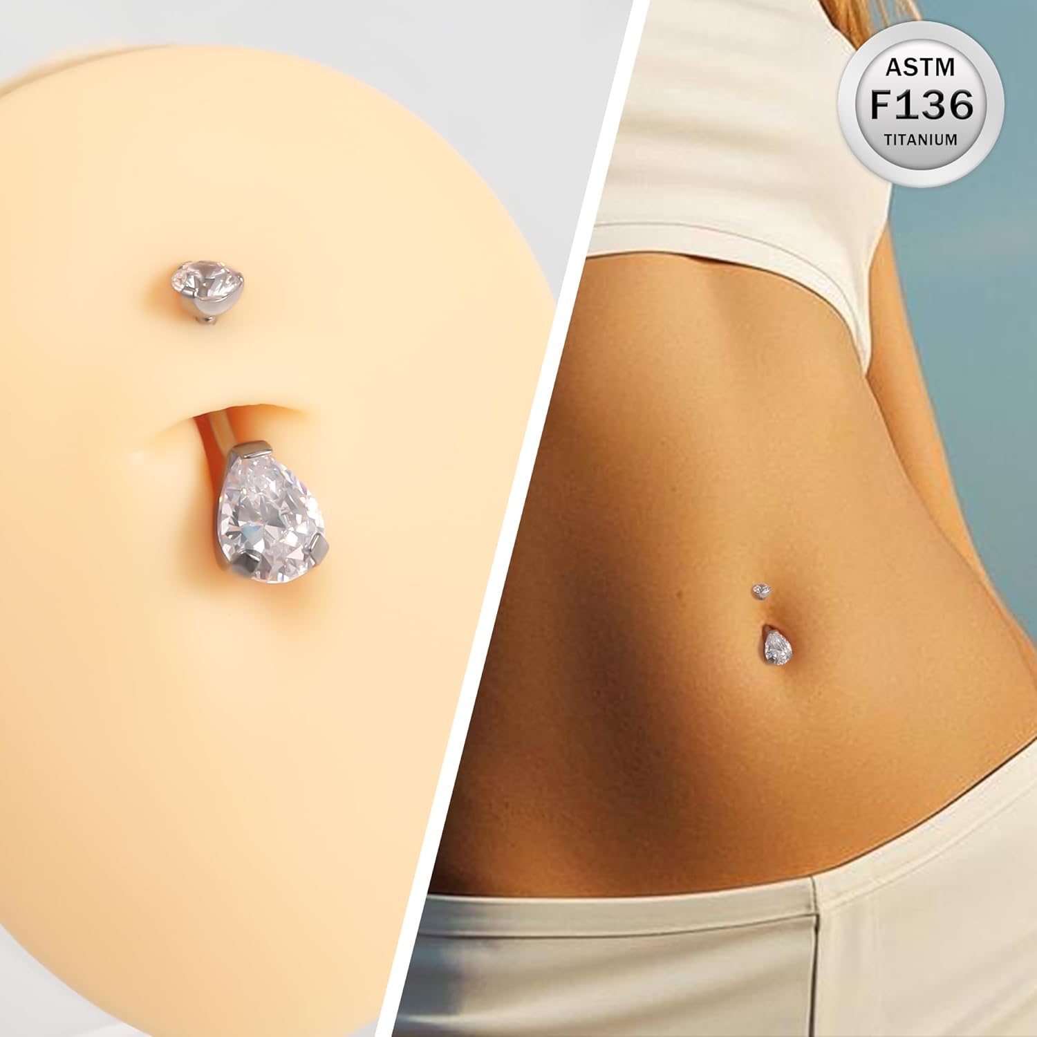 Ruifan ASTM F136 Titanium Belly Button Rings 14G CZ Drop Belly Navel Rings 10mm Bar Body Piercing Jewelry Navel Ring With 1PCS Curved Piercing Taper - Image 3
