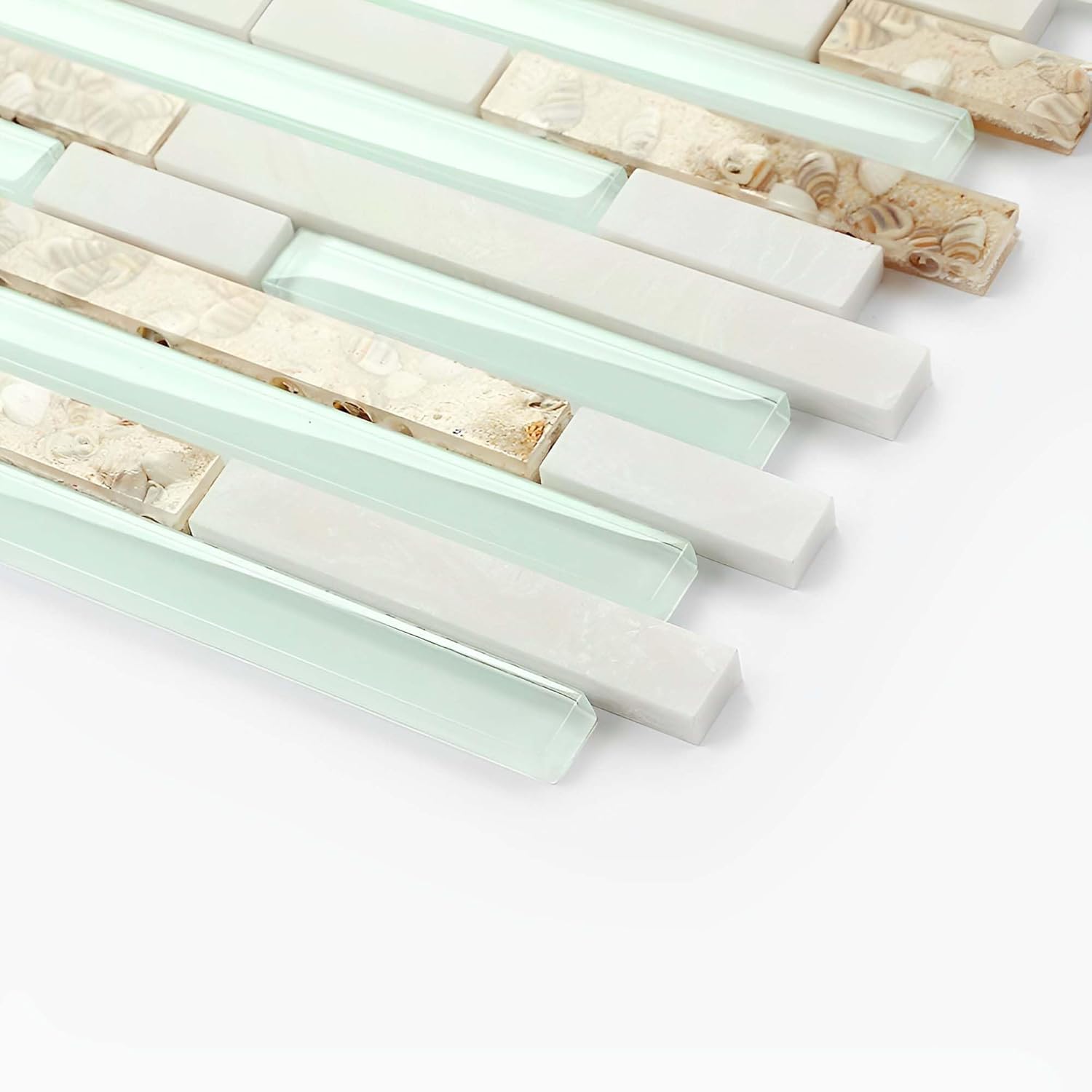 Coastal Glass Mosaic Tile Subway Kitchen Backsplash Bathroom Wall Sample | Mint Glass, Natural Seashell & Stone Mosaic, Mesh Mounted Waterproof for Shower, Fireplace, and Home Decor