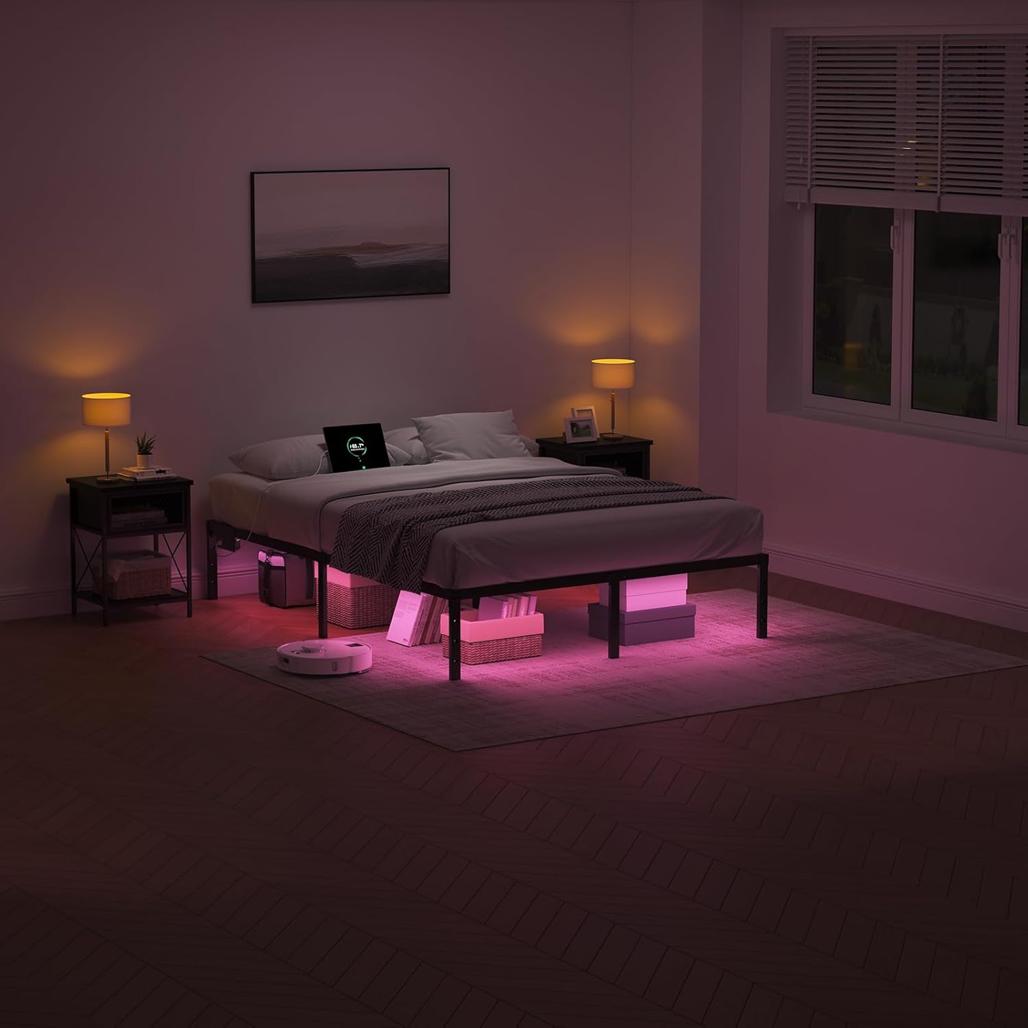 King Bed Frames with Charging Station and LED Lights, King Size Platform Bed with Metal Slats, No Box Spring Needed