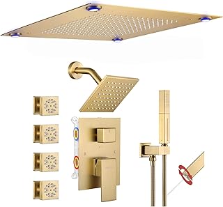VANFOXLE Shower Faucet Set Brushed Gold Shower System,Shower Faucet with 2 in 1 Handheld,Ceiling Mount 16 Inch Shower Head+6 Inch Shower Head(Rough-in Valve Body and Trim)
