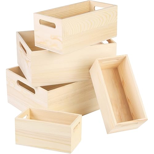 Aodaer 5 Packs Unfinished Wood Box Wood Crates Cutout Handles DIY Decorative Nesting Wood Box Treasure Box for Crafts, Decoration, Storage (Natural)