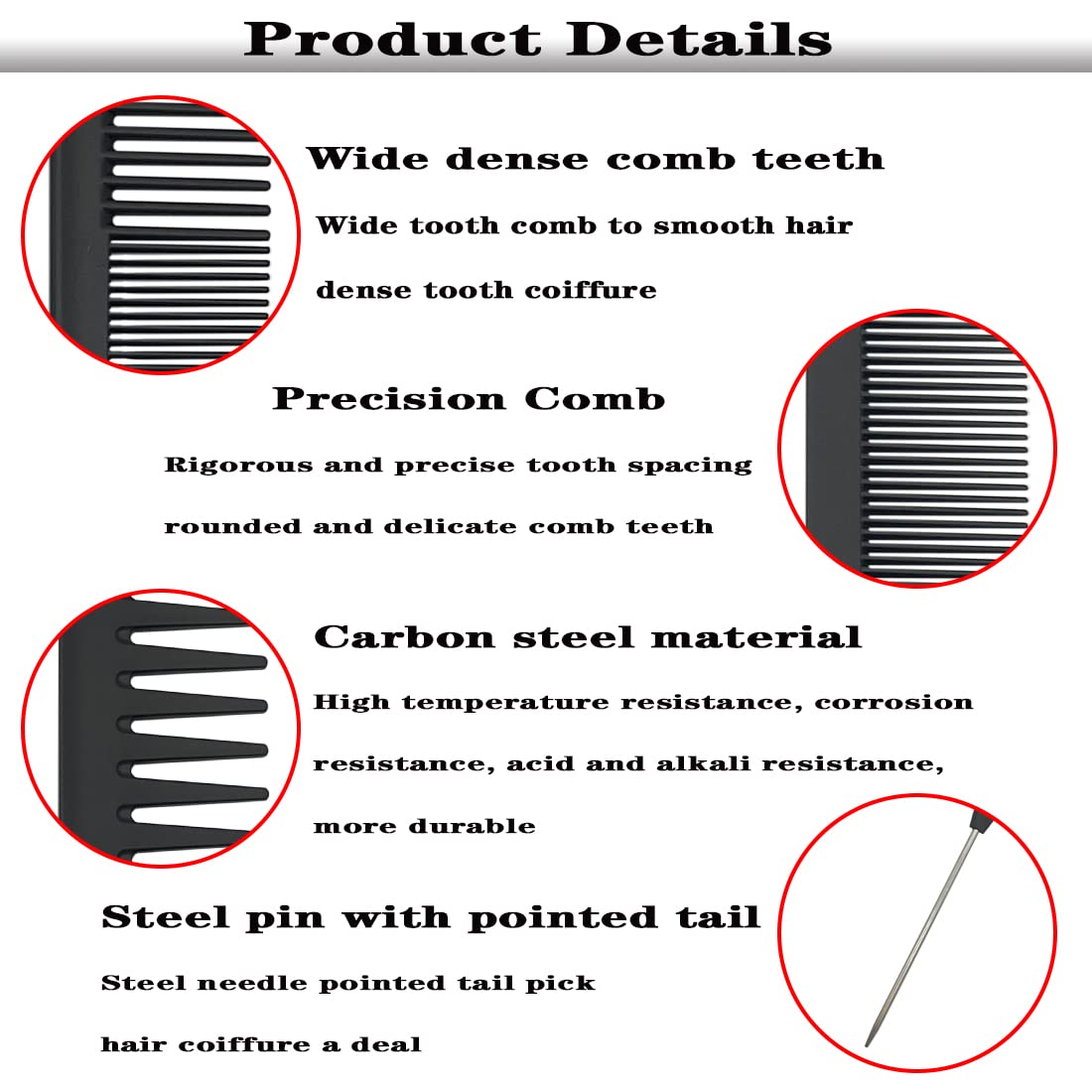 Makandup 6 Pieces Stylists Professional Combs Set Black - Fine Pro Rat Tail Combs, Dresser Hair Comb Styling Wide Tooth Comb,Premium Grade for Men and Women - Parting Teasing and Styling Comb