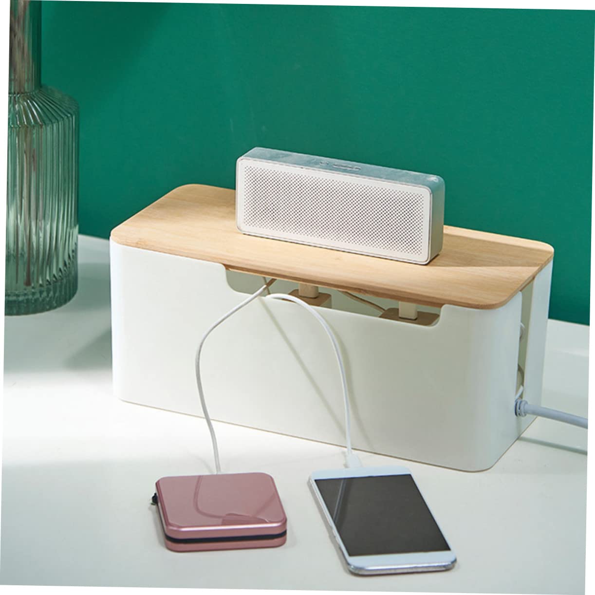 Caja de Cables Grande Tapa de Bambú para Enchufes y Cordones