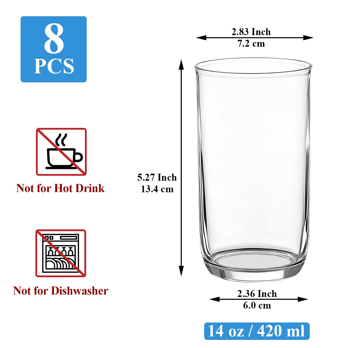 Berglander Set di Bicchieri Highball 8 Pezzi, Bicchieri Collins da Bere in Plastica PET Trasparente Alti 420ml, Tazze d'Acqua Riutilizzabili, Vetreria per Bar Tumbler per Bevande, Birra, Succo, Latte