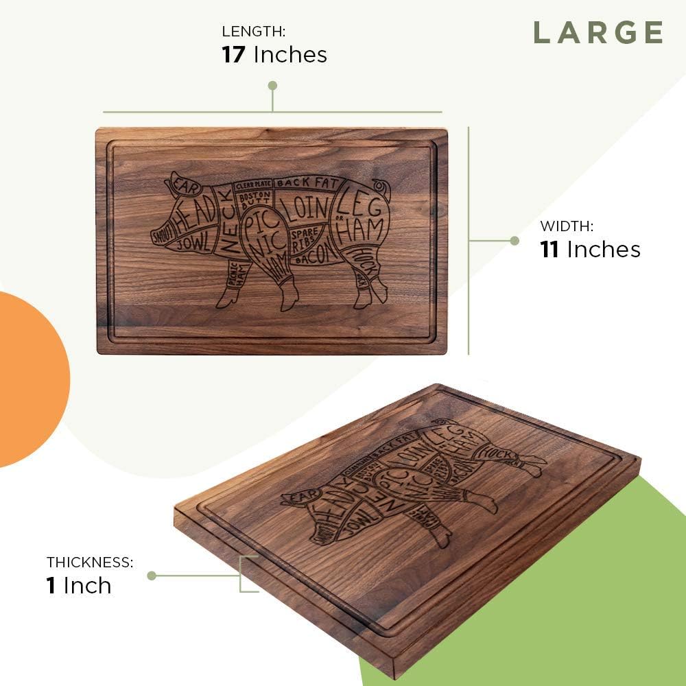 Pork Cuts-Wooden Cutting Board for Kitchen Juice Groove Natural Custom Engraved in USA, Christmas Wedding Anniversary Birthday Present, Housewarming New Home (Walnut 11x17)