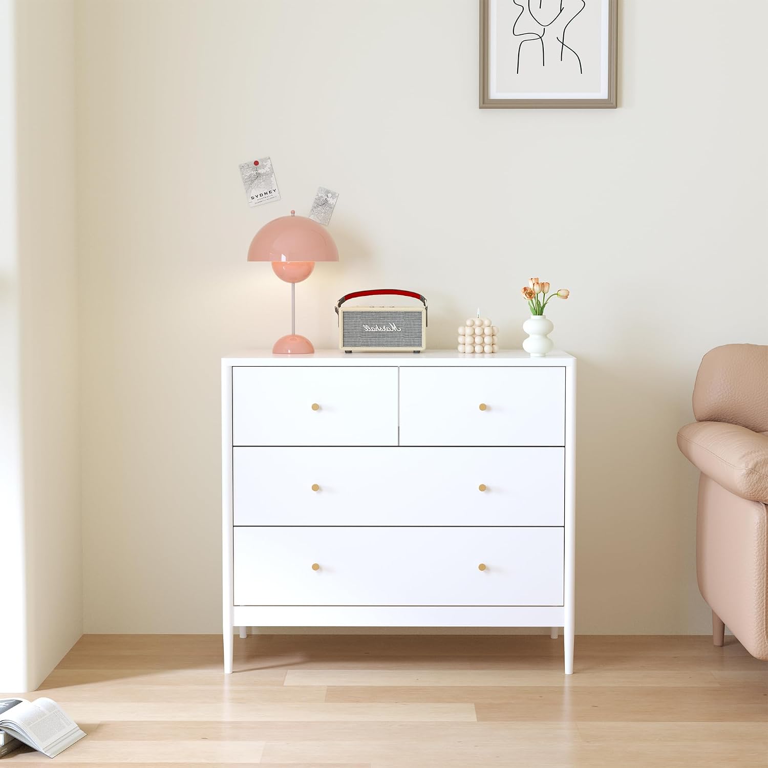 Timy White 4-Drawer Kids Dresser, Wooden Storage Cabinet for Toddler Bedroom, Nursery, Closet, Baby Nightstand Organizer for Living Room or Apartment, 35.4" Wide