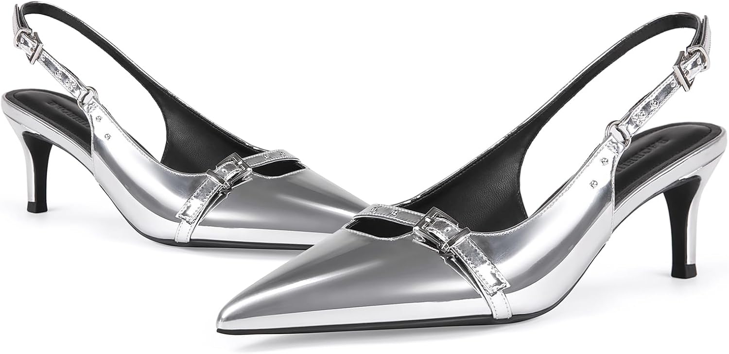 baobeijiadao Womens Slingback Heels Pointed Toe Slip On Pumps Closed Toe Kitten Heel Heeled Sandals Patent Leather Dress Shoes for Women
