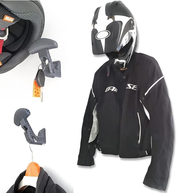 Motorcycle Helmet Wall Mount - Helmet Holder Wall Motorcycle - Shelf with Hooks for Hanging Motorcycle Helmet and Jacket - Made in EU (2 Units)