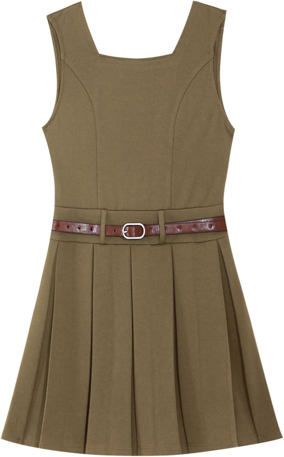 Freebily Girls School Uniform Dress Sleeveless V-Back Jumper with Belt Casual Dress