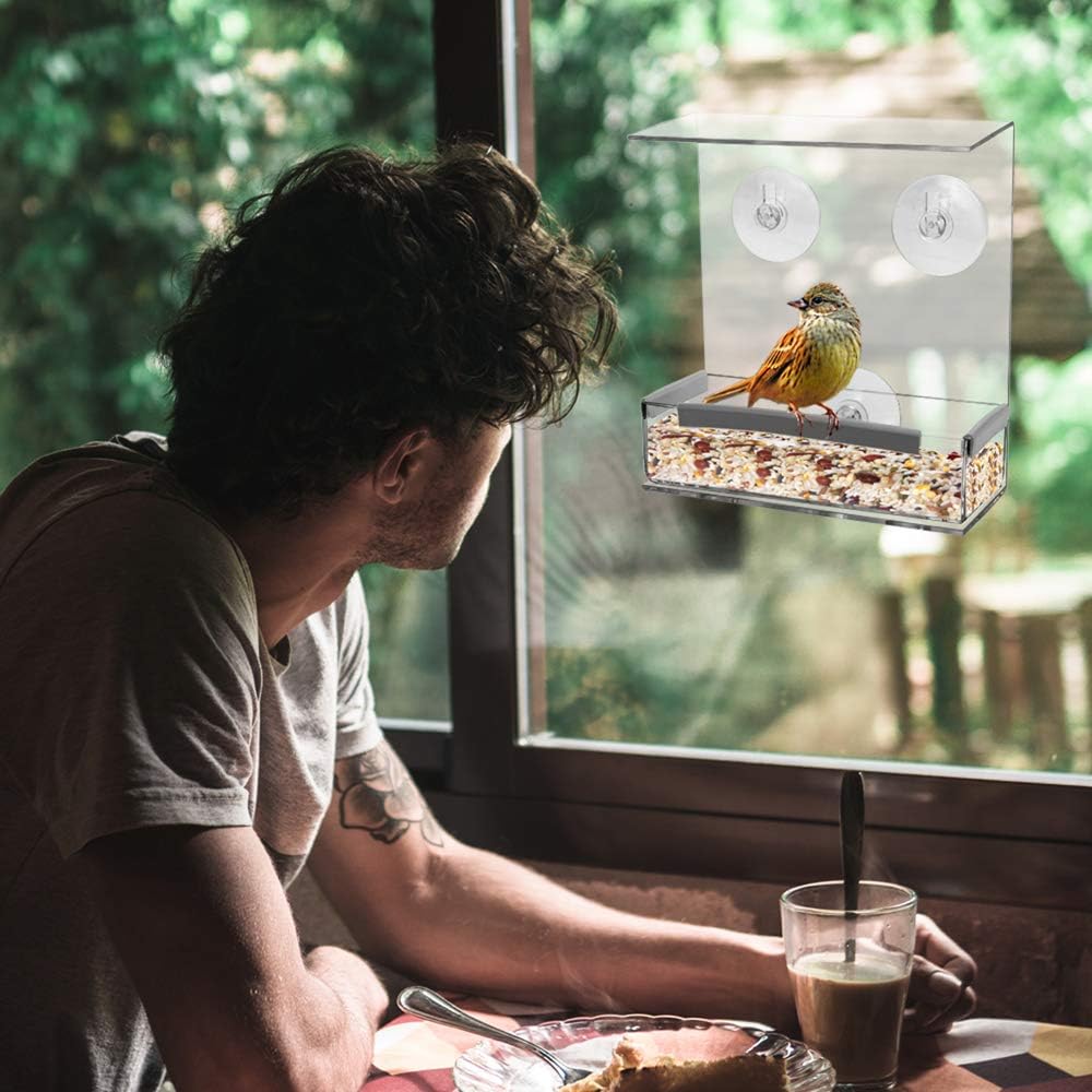 Window Bird Feeder with Strong Suction Cups, Kitchen Window Bird Feeder Acrylic Hanging Bird Feeder Outdoor Suction Bird House for Outside Wild Birds Cardinal, Blue Jay, Finche, Chickadee (Flat Roof)