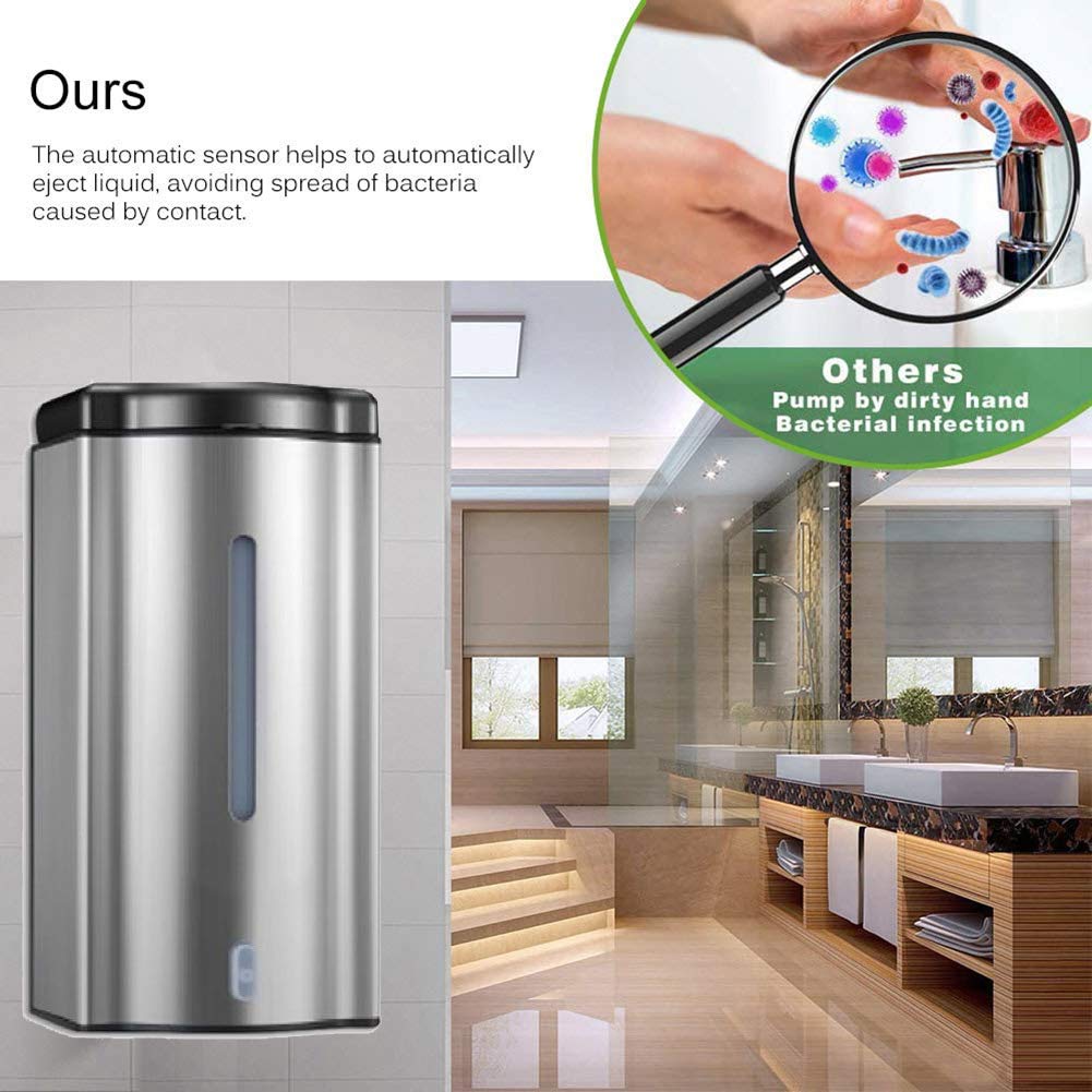 Dispensador de jabón automático montado en la Pared: dispensador de jabón con Sensor táctil de Acero Inoxidable de 600 ml, Compatible con Gel de Manos, desinfectante y desinfectante para Manos