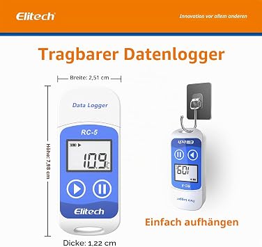 Elitech RC-5 Temperature Data Logger IP65 Waterproof 32000 Points Capacity - Mini USB Temperature Recorder with LCD Display PDF/EXCEL/TXT Report for Cold Chain Warehouse Food Laboratory