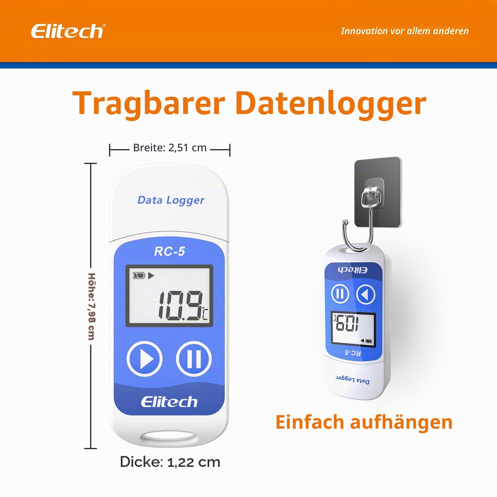 Elitech RC-5 Temperatur Datenlogger, IP65 Wasserdicht, 32000 Punkte Kapazität - Mini USB Temperaturrekorder mit LCD-Display, PDF/EXCEL/TXT Bericht für Kühlkette, Lager, Lebensmittel, Labor