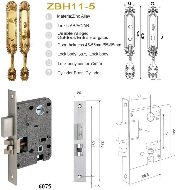 Luxury Mortise lockset Large Handle Door Lock Available Decorations in Gates of Home, Villas, Hotels and Office Buildings for Double Door, Antique Copper