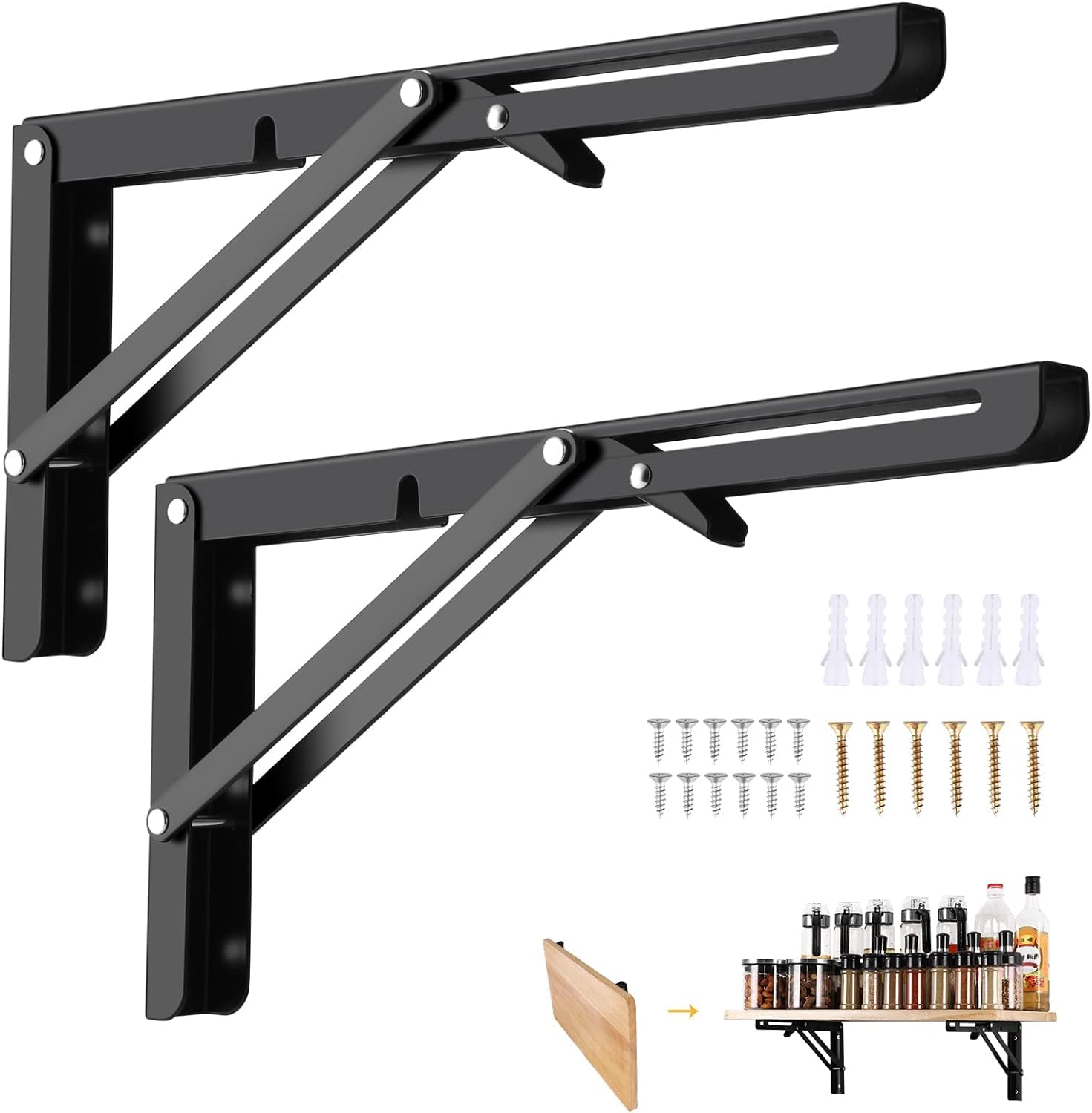 Folding Shelf Brackets, 12'' 2Pz Heavy Duty Stainless Steel Collapsible Triangle Shelf Bracket,Black Shelf Brackets with Screws Metal Shelf Brackets Shelf Support Angle Brackets for Bench Table