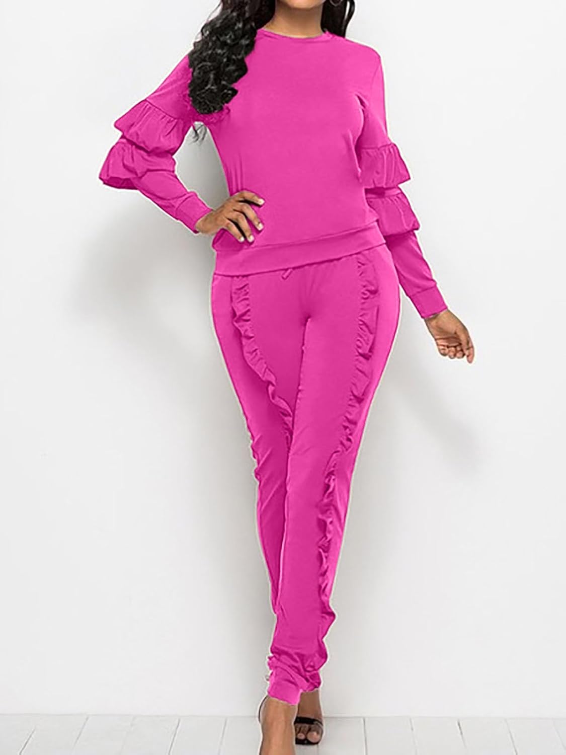Women's Two Piece Outfits Ruffle Sleeve Sweatshirt and Long Pants Tracksuit Sets