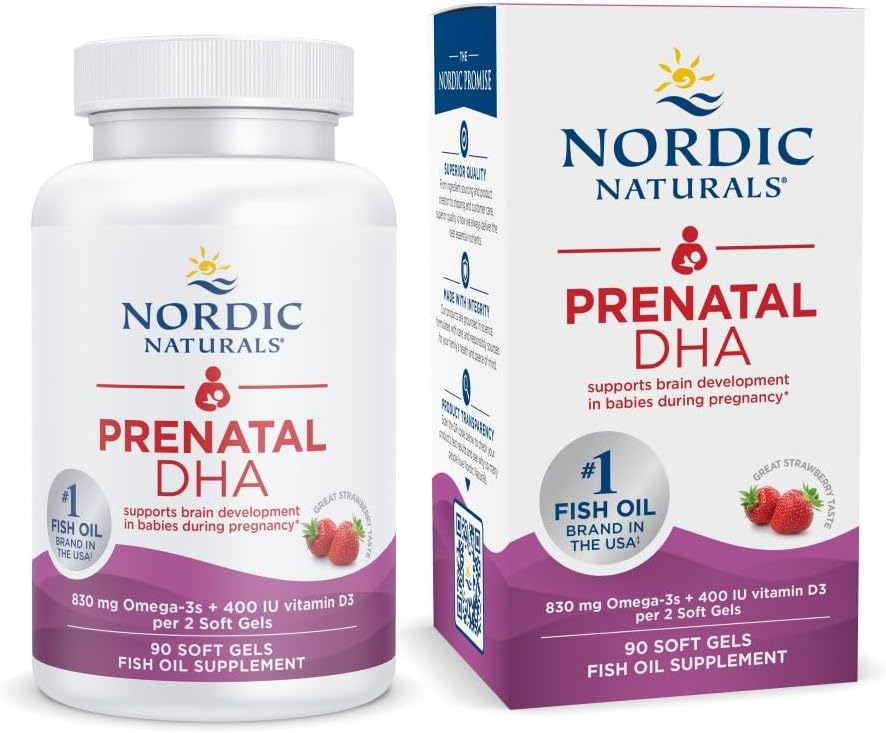 Prenatal DHA, Strawberry - 90 Soft Gels - 830 mg Omega-3 + 400 IU Vitamin D3 - Non-GMO - 45 Servings