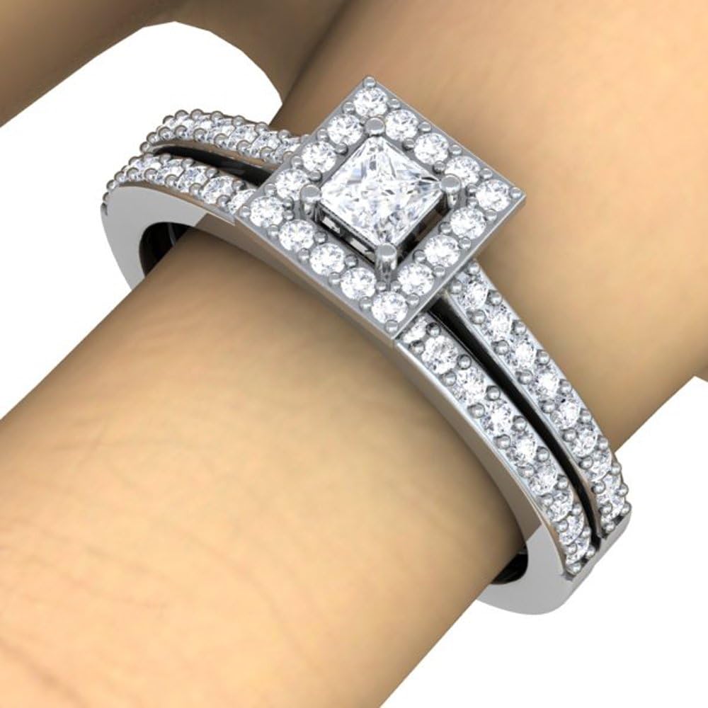 Dazzlingrock Collection 0.62 Ctw Round & Princess Natural Diamond Bridal Halo Ring Engagement Matching Band Set, 14K White Real Solid Gold