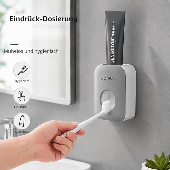 MHTech Automatic Toothpaste Dispenser and Toothbrush Holder with 2 Toothpaste Squeezers 4 Cups Space for 5 Toothbrushes Suitable for All Types of Toothbrushes - Wall-Mounted Set
