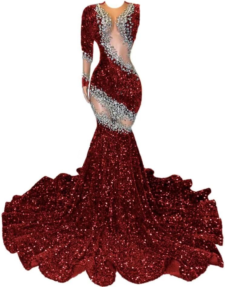 Women's One Shoulder Sparkly Crystal Tulle Dress Sun Ball Mermaid Sequin Party Evening Gown Celebrity Pageant Prom Dress