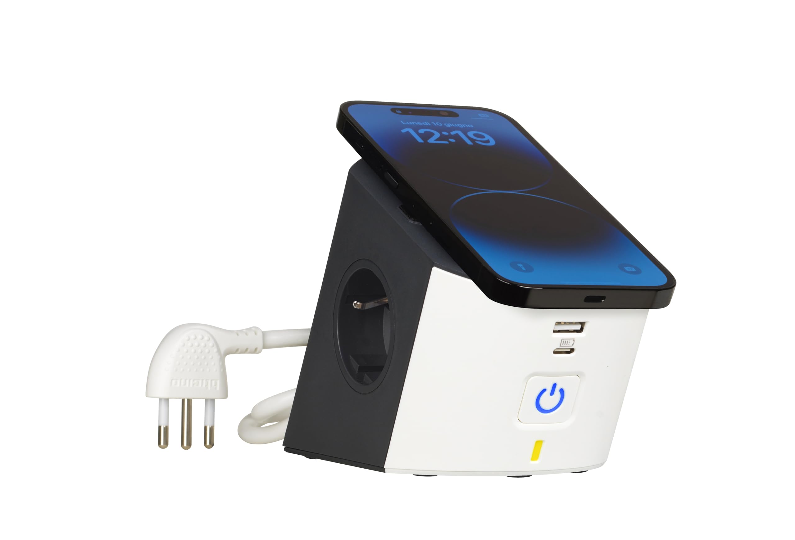 BTICINO Regleta Desktop S3714DBUW, regleta eléctrica de 5 plazas, Cargador inalámbrico 15 W, Tomas USB A+C, 2 Tomas Schuko, regleta eléctrica con Interruptor y LED, Enchufe pequeño 10 A, Cable 2