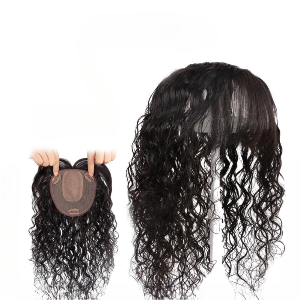 Invisible Small Curly Topper with Bangs or Middle Part Clip In Hairpiece Human Hair Wiglet for Women's Thin Hair Silk base 13x14cm (Dark Brown,13 * 14-25CM bangs)