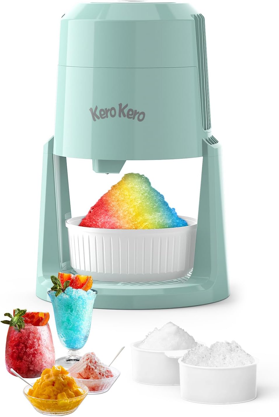 Kero Kero Snow Cone Machine - Shaved Ice Machine with 2 Ice Molds & Adjustable Blades - Ice Shaver for Fluffy or Crunchy Texture, Shaved Ice for Snow Cones, Slushies, Portable & Easy to Use.Green