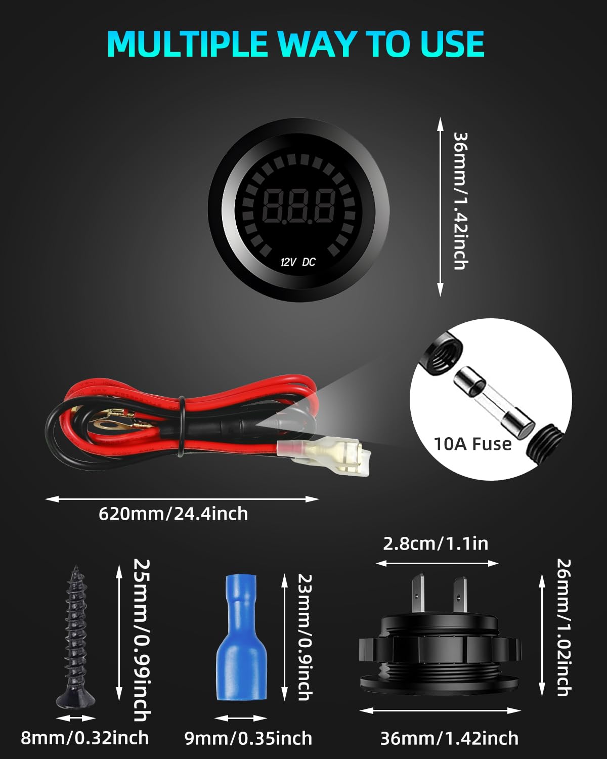 Waterproof DC 12V Voltage Meter, LED Digital Display Voltmeter Gauge Panel, Round Battery Monitor with Wires & Terminals & Srews, for Marine Car Automotive Vehicle Truck Boat RV ATV UTV, Short Body