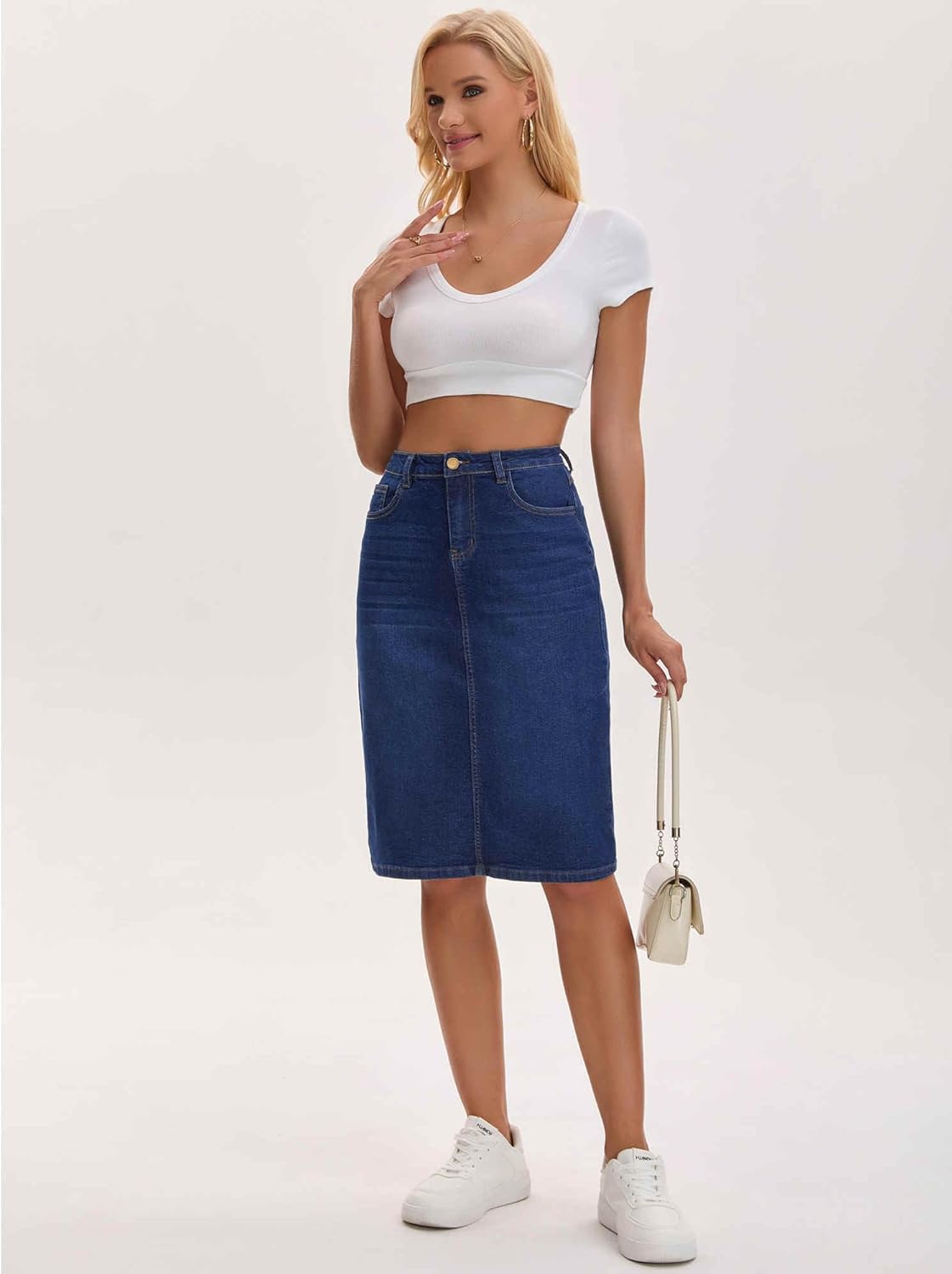 Women's Jean Skirt High Waist Back Slit Stretch Below Knee Length Denim Skirts - Image 3