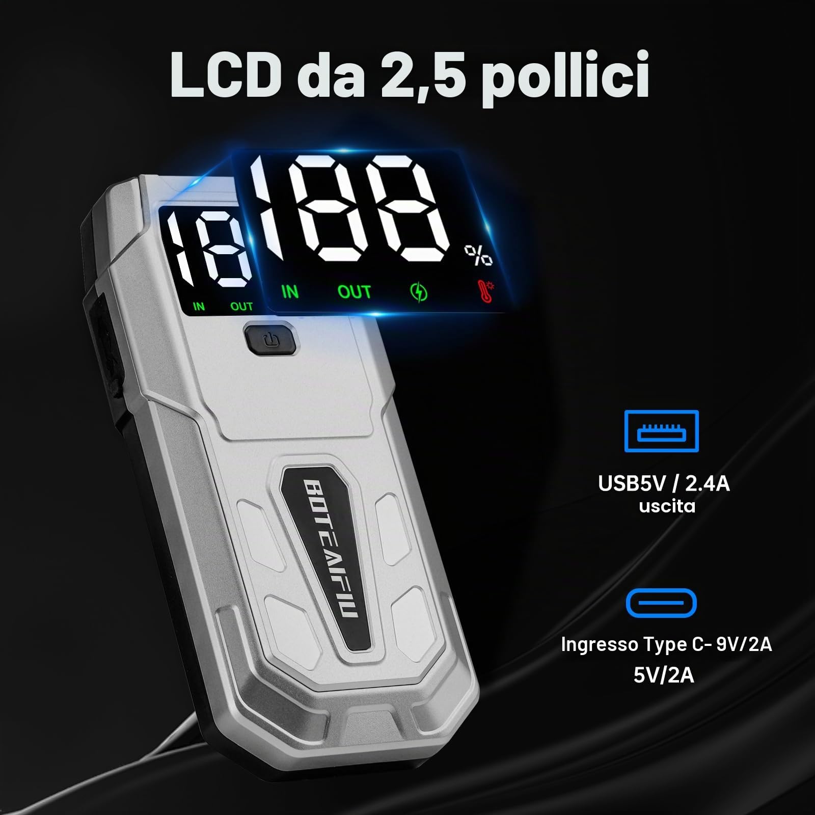 Avviatore di Emergenza 5000A Booster Portatile per Auto Moto con Display LCD Power Bank da 12V per Batteria Scarica Ricarica USB Fino a 9.5L Benzina o 8.0L Diesel