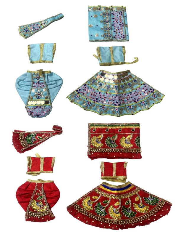 (for 9 inch Murti) GN Store's Radha Krishna Embroidery Dress | Fancy Dress for Radha Krishna (Pack of 2) | (Mix Color and Mix Design) B