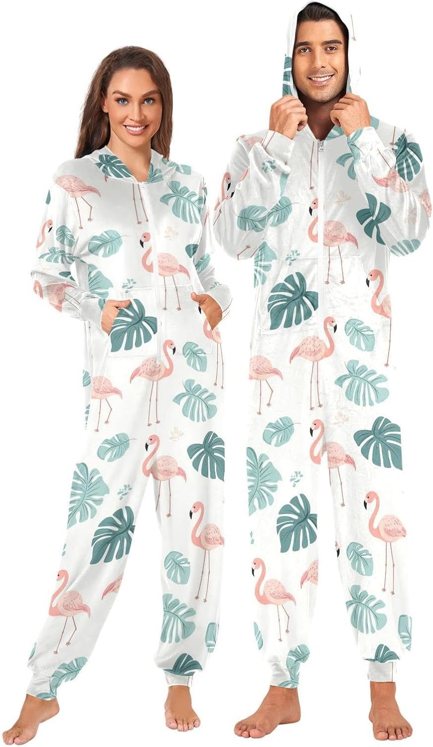 ZZKKO Flamingo Palm Leaf Adult Onesie Pajamas for Women Men Cozy One Piece Pajamas Costume Zip-Up Hooded S-XL