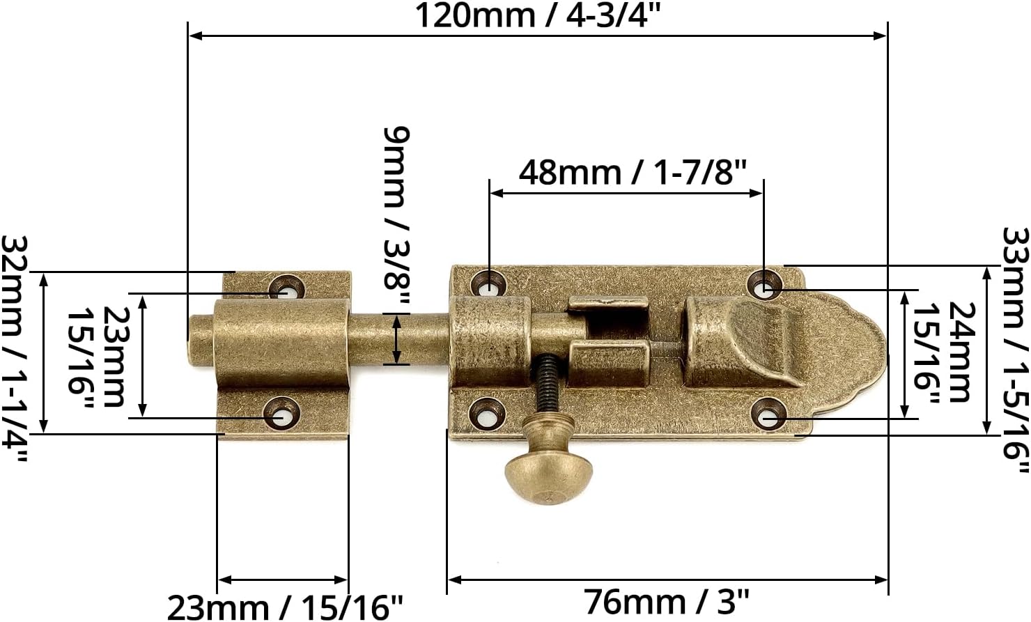QWORK Elegant Vintage Solid Cast Brass Slide Latch Lock Pack of 2 Antique Finish Oxidizable Brass for Doors and Gates