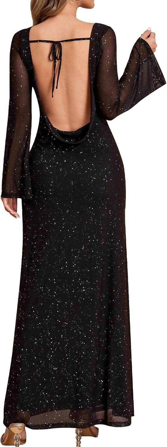 EYNMIN Long Sleeve Maxi Dress Backless Tie Bodycon Mesh 2025 Fall Formal Wedding Guest Dresses for Women