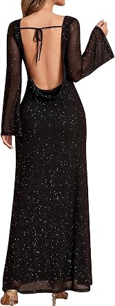 EYNMIN Long Sleeve Maxi Dress Backless Tie Bodycon Mesh 2025 Fall Formal Wedding Guest Dresses for Women