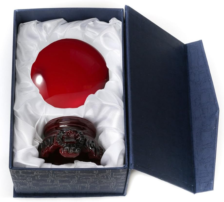Amlong Crystal 3 inch (80mm) Red Crystal Ball with Redwood Lion Resin Stand and Gift Box for Decorative Ball, Lensball Photography, Gazing Divination or Feng Shui, and Fortune Telling Ball