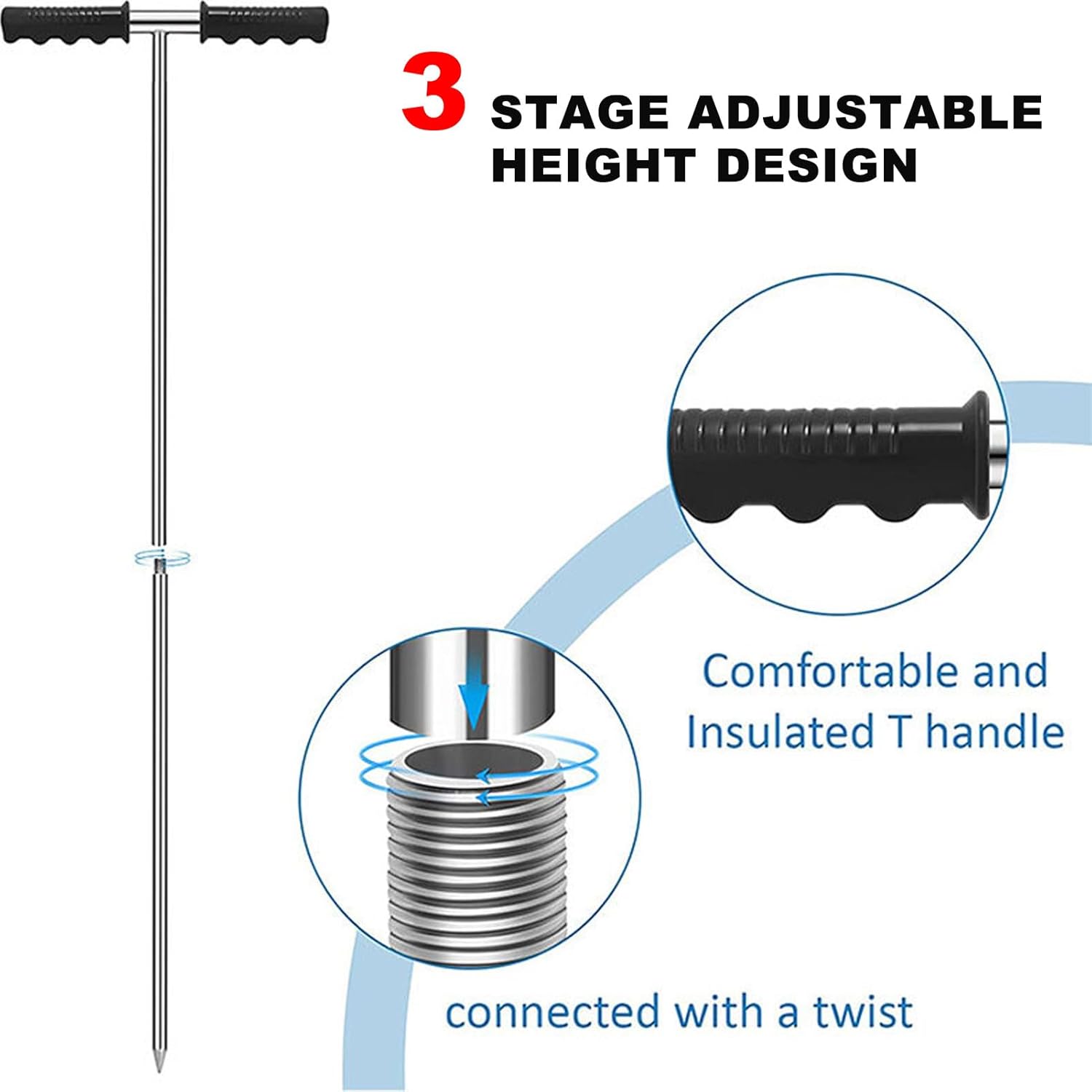 Soil Sample Probes, Adjustable T Handle Planting Tool Stainless Steel Soil Sampler Tool with Foot Pedal for Lawn Garden Farm Plant Care 32 48 Inch