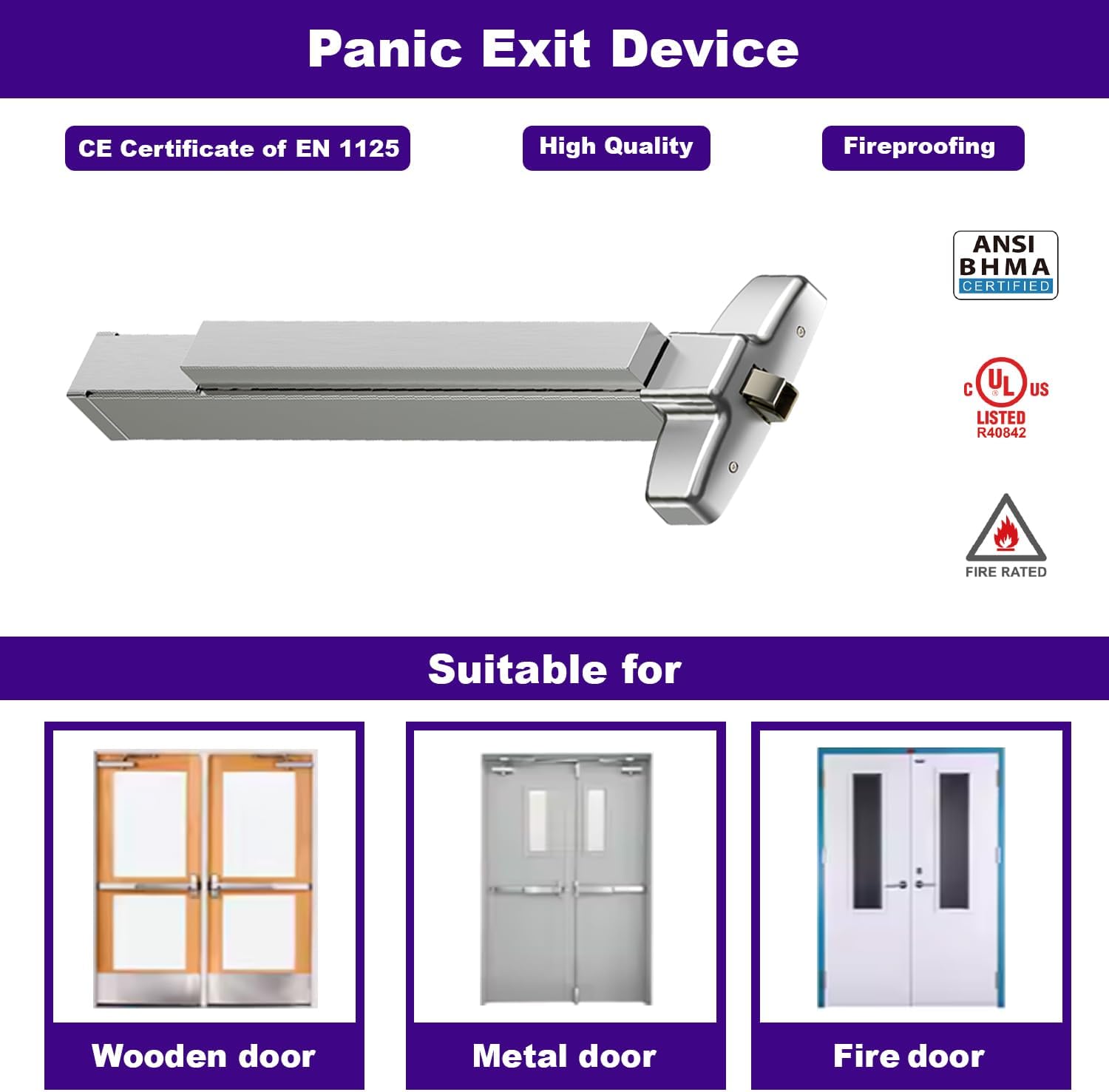 Door Push Bar Panic Exit Device Stainless Steel Commercial Emergency Exit Door Push Bar for Metal Door with UL Listed with Dogging Function