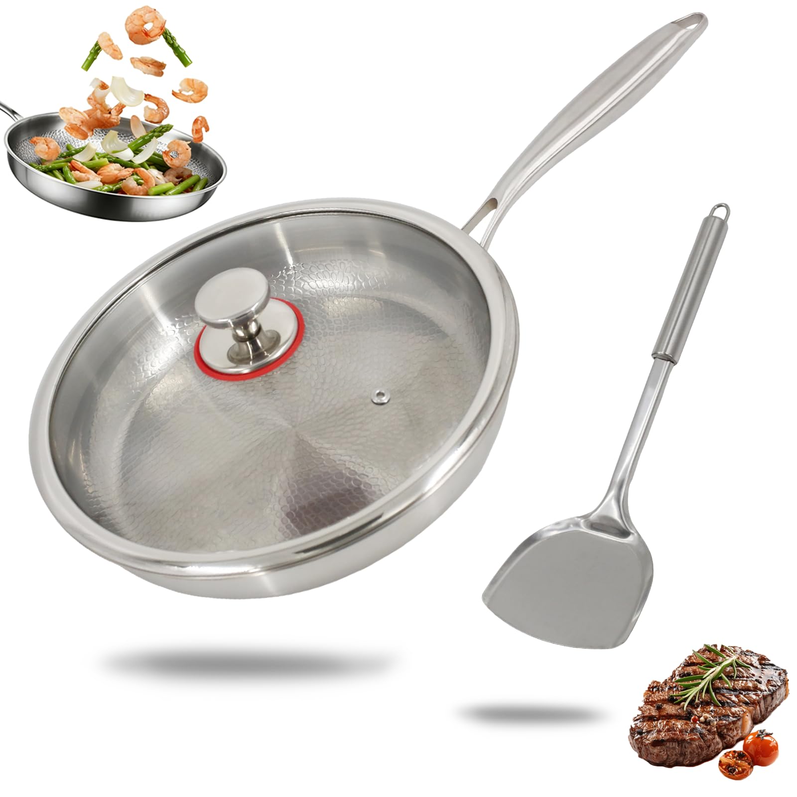Padella in titanio non rivestita 30 cm, martellata, con coperchio in vetro e spatola – per induzione e fuoco vivo, ideale per cucina e campeggio