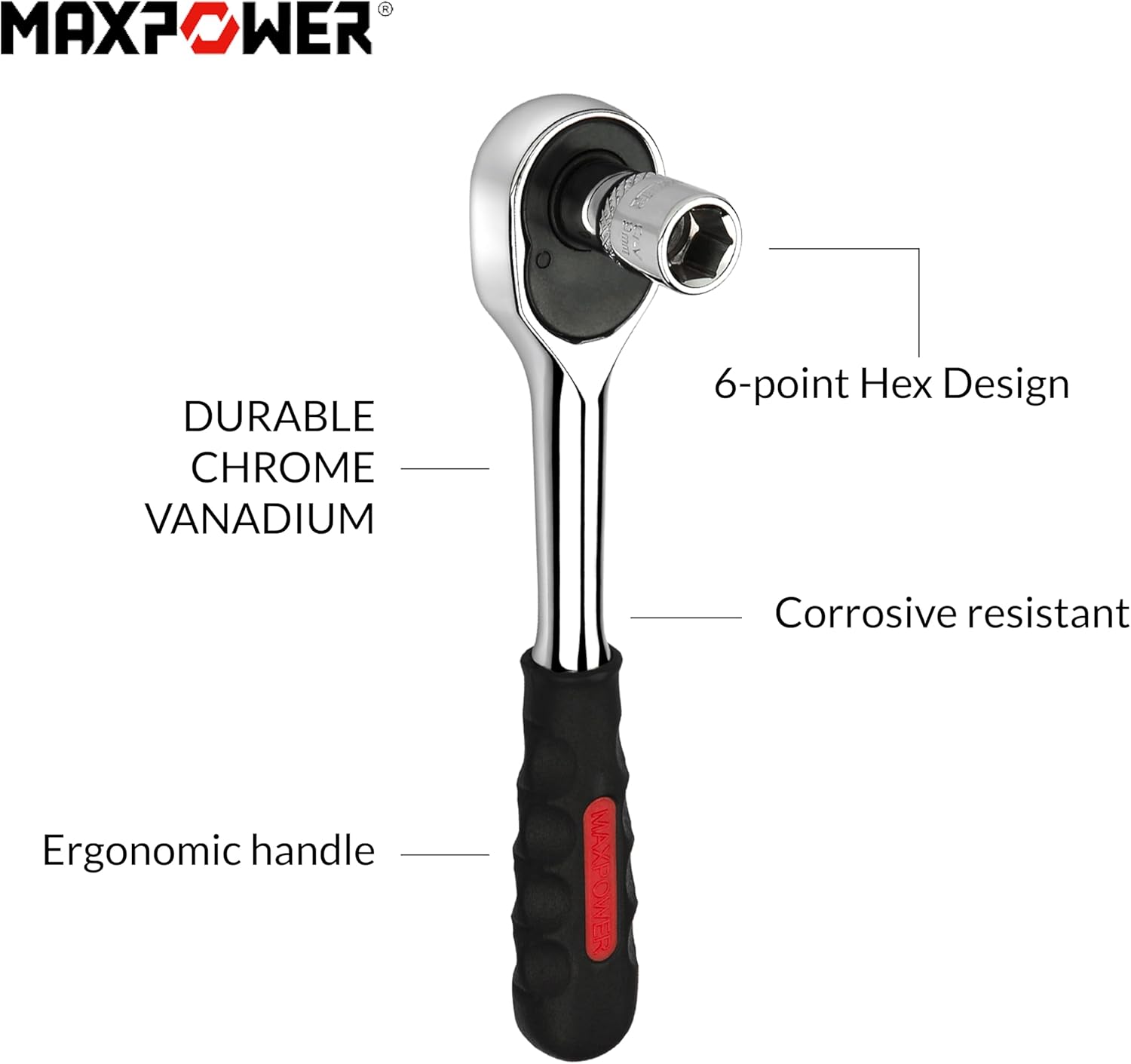 MAXPOWER 14PCS 1/4" Drive Metric Socket Set, Industrial Grade 6-Point Standard Sockets, Quick-Release Softgrip Reversible Ratchet Handle, Forged and Heat-Treated Cr-V Alloy Steel, Size 4mm-14mm