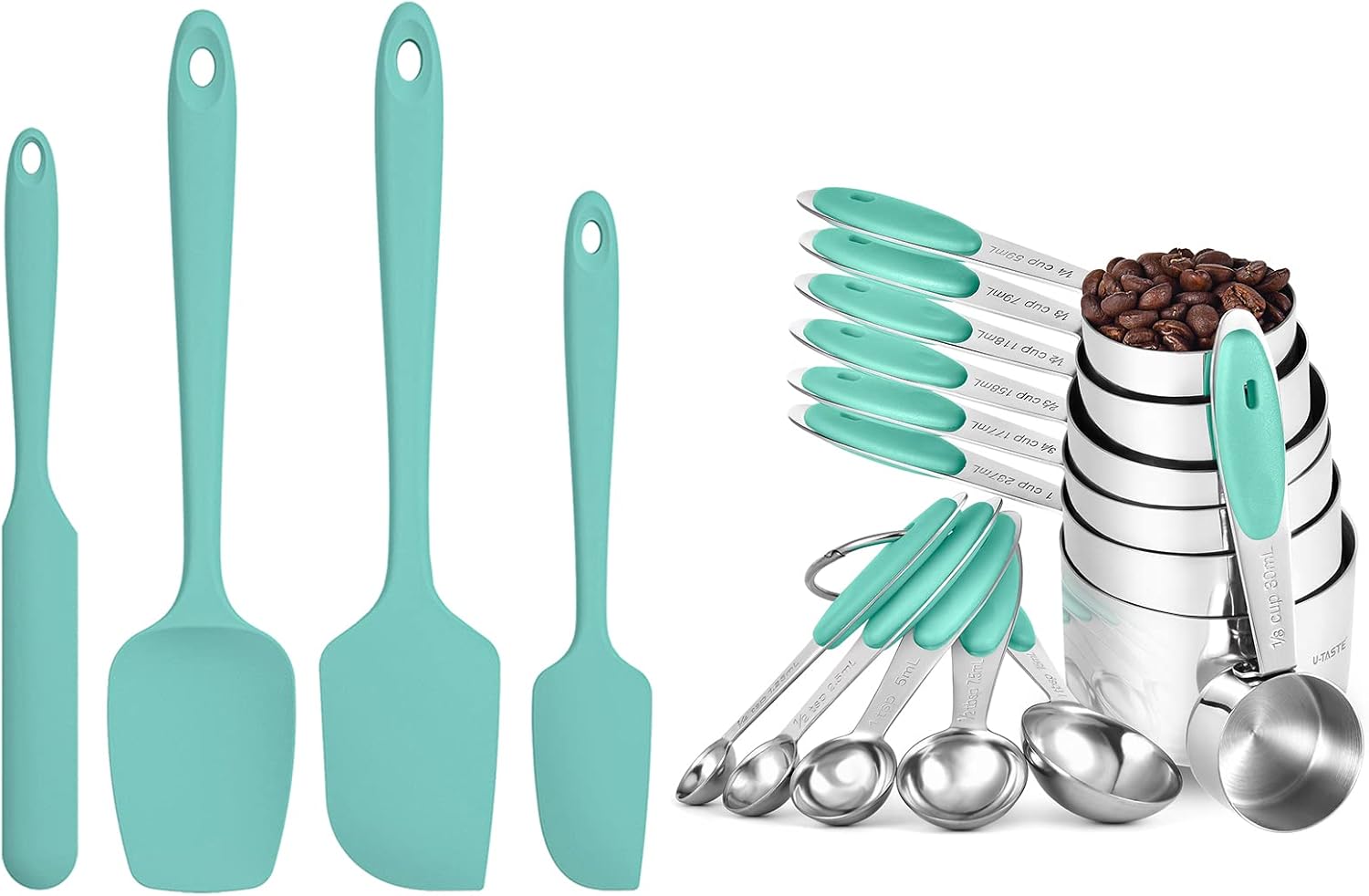 U-Taste Measuring Cups and Spoons Set of 12 in 18/8 Stainless Steel, and Upgraded 600ºF High Resistant Flexible and Sturdy Silicone Spatula Set of 4 (Aqua Sky)