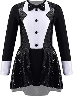 Kids Girls Circus Ringmaster Shiny Sequins Bowtie Tuxedo Jumpsuit Dress Modern Jazz Dance Costume