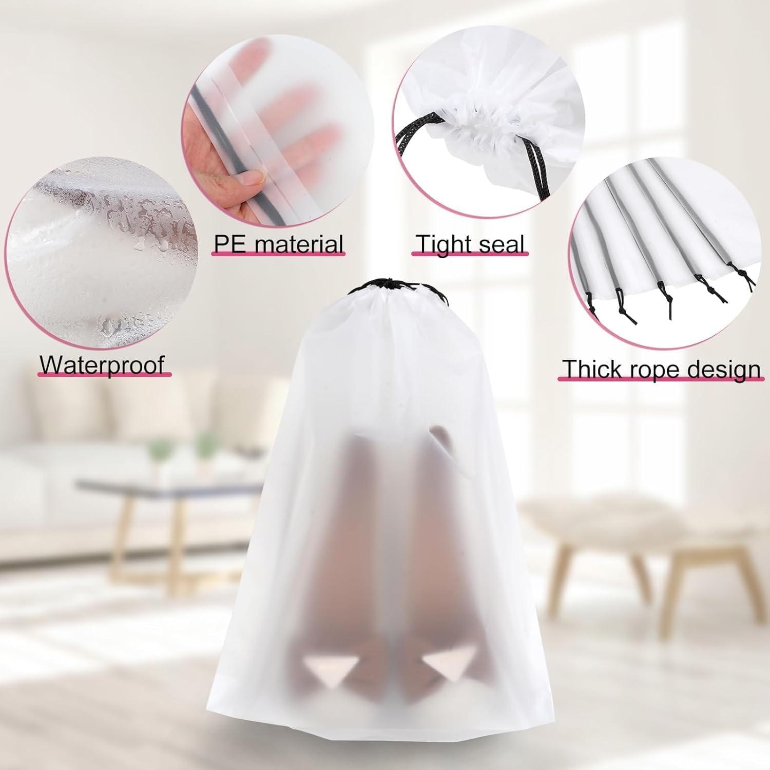Transparent Shoe Bags for Packing, Clear Shoe Storage Bags, 15.7 x 11.8 inches, Waterproof Portable Travel Drawstring Bag, Travel Essentials for Men & Women, 5 PCS